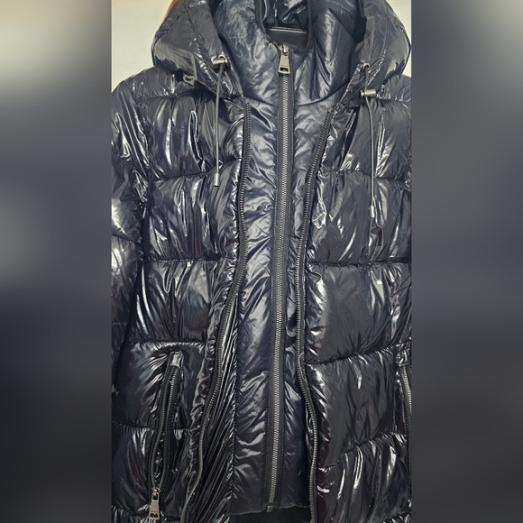 DKNY Women's Puffer Coat, specifically a style featuring a double hood and zippe - Picture 3 of 14
